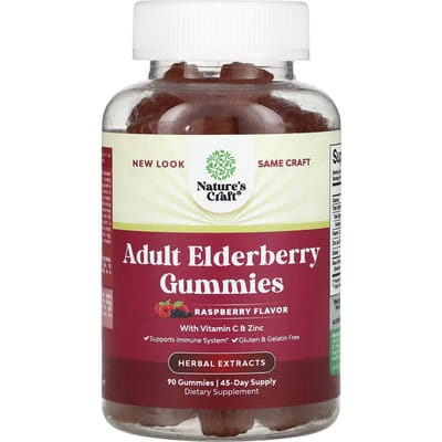 Nature's Craft, gommes de sureau pour adultes, avec vitamine C et zinc, saveur framboise, 90 gommes