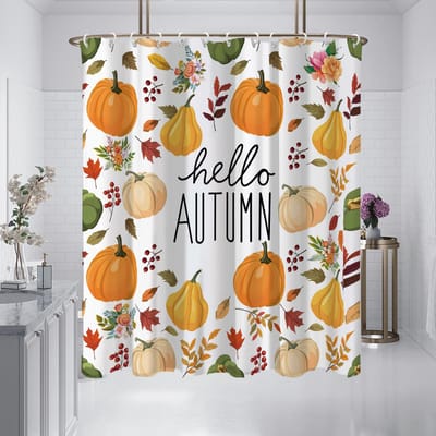 1 pièce 180x180cm Bonjour Automne Motif Citrouille Imprimé Rideau de Douche Cloison Salle de Bain Imperméable et Anti-moisissure 180x180cm white