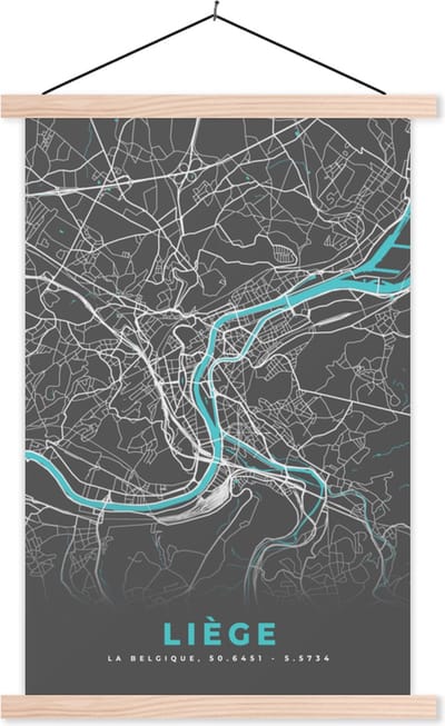 Posterhanger incl. Poster 40x60 cm - Schoolplaat - Kaart – Plattegrond – Stadskaart – Liège – België - Grijs - Textielposter - Blanke latten - Stadskaart