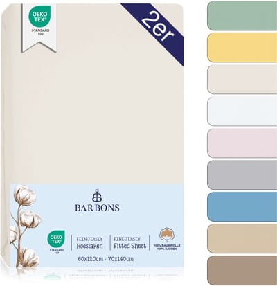 Barbons hoeslaken 70x140 - 60x120 hoeslakens ledikant Baby - 100% Katoen - Babybedje Ecru Set van 2