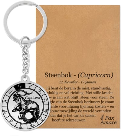 Sterrenbeeld Steenbok (Capricorn) Sleutelhanger op Cadeau Kaartje – Spiritueel Cadeau van Roestvrij Staal – Zilverkleurig – Pax Amare