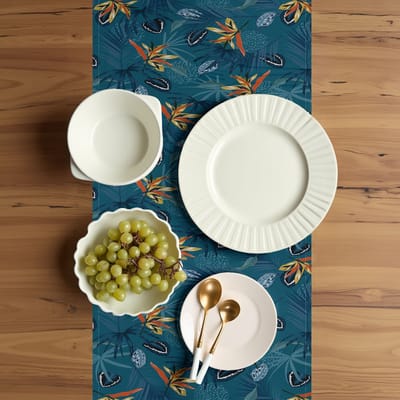 ABAKUHAUS Tafelloper Tropisch – bloemenregenwoud, 40x225 cm, petrolblauw