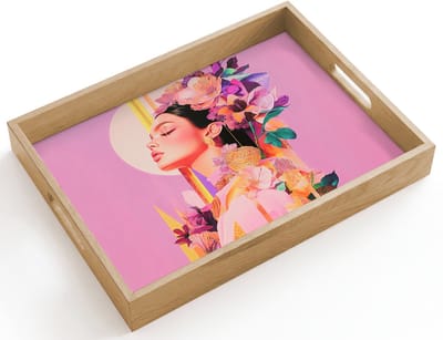 Dienblad hout 40x30 cm - Schootdienblad - Vrouw - Bloemen - Paars - Abstract - Borrelplank rechthoek - Plateau dienbladen