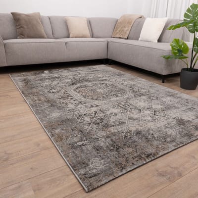 Grijs met Beige Tapijt Vintage Design Laagpolig Vloerkleed Koho Impressive - 80x150cm- Modern - Woonkamer - Salon - Slaapkamer - Eetkamer