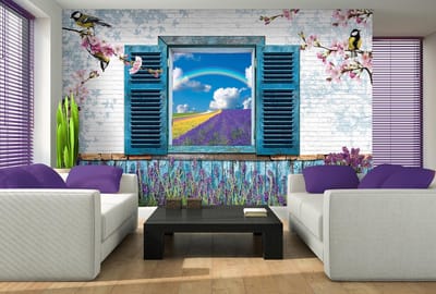 Window Flowers Lavender Field Rainbow Photo Wallcovering