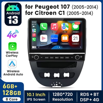 Hexinex Octa-Core autoradio Geschikt voor Peugeot 107, Toyota Aygo, Citroën C1 (2005-2014) - Draadloos CarPlay, Android Auto, GPS Navi, Android15, multimediaspeler, 6GB+128GB