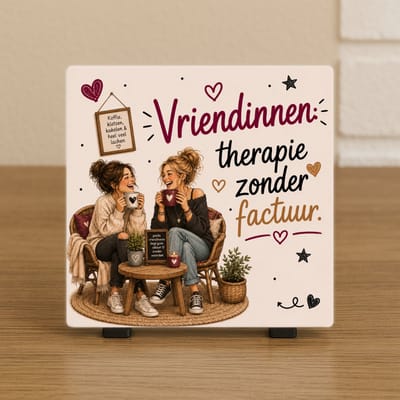 Wenstegeltje “Vriendinnen: therapie zonder factuur” –Woondecoratie met tekst – Perfect Cadeau - Trendy nu - Cadeau - Vriend(in) - Familie - Incl standaard - Cadeau idee