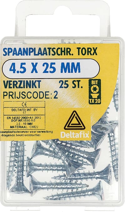 Deltafix spaanplaatschroeven 4,5 x 25 mm - verzinkt - platkop - Torx - Type 17 - 25 stuks