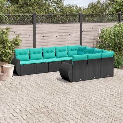vidaXL - 10-delige - tuinbankset - met - kussens - van - zwart - polyrotan