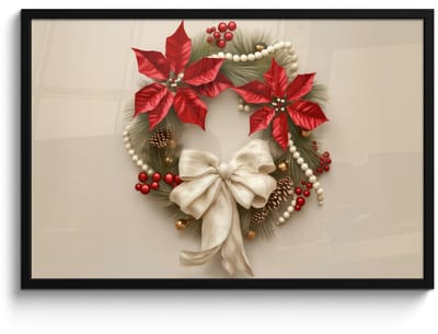 Poster in lijst - Fotolijst 90x60 cm - Posters - Deurkrans - Strik - Kerst - Rood - Groen - Posterlijst zwart - Decoratie - Wanddecoratie woonkamer - Muurdecoratie slaapkamer - Kerstversiering - Kerstdecoratie voor binnen - Kerstmis