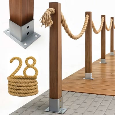 BOGATECO Houten schutting met jute touw | Zeilhek 28 m | 13 verschillende lengtes | Montageset inbegrepen Grondhuls met ankerplaat
