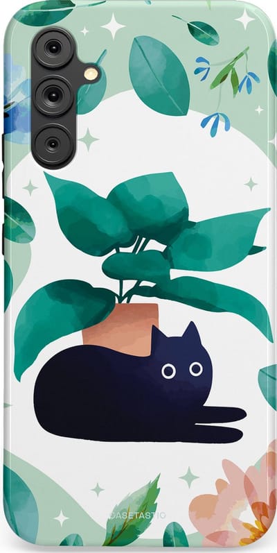 Casetastic hoesje geschikt voor Samsung Galaxy A34 (2023) 5G - Dubbellaagse bescherming - Plantenkat - Fashion Case - Lichtgrijs Turquoise Wit Mintgroen