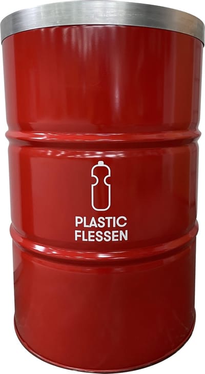 BinBin - Afvalscheidingsprullenbak - Rood Metaal/Aluminium - Ø57x87 cm - 200L - Vlamwerend Deksel - PET Flessen Inzameling
