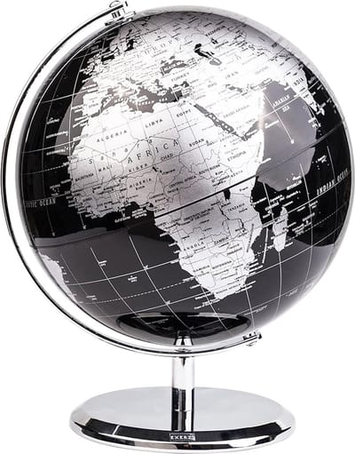 Famanu – Zwarte wereldbol 20 cm met metalen voet, moderne educatieve bureaudecoratie