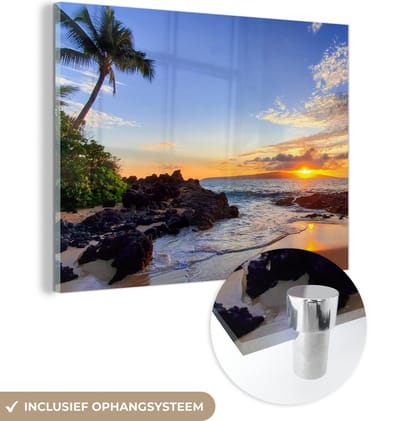 MuchoWow® Glasschilderij 160x120 cm - Schilderij acrylglas - Strand - Zee - Zonsondergang - Hawaii - Foto op glas - Muurdecoratie woonkamer - Wanddecoratie slaapkamer - Schilderijen