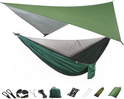Kampeerhangmat met Muskietennet - Hangmat Klamboe - Buiten Ontspannen - Geïntegreerd Net - 290x140cm - Groen Donkergroen
