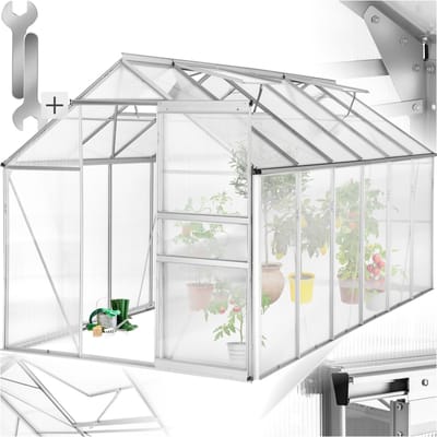 tectake® Aluminium Kas - 375 x 185 x 195 cm - Kas, Tomatenhuis, broeikas, Plantenhuis - UV-Bestendig, 4 mm Paneel - Schuifdeur & Dakraam - Bescherming Tegen Kou, Regen en Vorst - Zonder Fundering