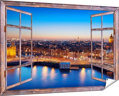Gards Tuinposter Doorkijk Amsterdam Centrum in de Nacht - 180x120 cm - Tuindoek - Tuindecoratie - Wanddecoratie buiten - Tuinschilderij