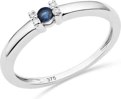 Miore Pure Ring - 9 Karaat - Zilverkleurig - Met Diamanten en een Blauwe Saffier - Handgemaakte Sieraden - Elegant - Elegante Dames Sieraden - Maat 50