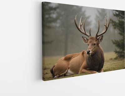 Saammp Canvas Schilderij - Liggend Hert - Natuur - Dieren - 45x30 - Foto op canvas - Wanddecoratie - Muurdecoratie Woonkamer - Slaapkamer decoratie - Canvas Print