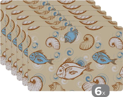 Placemat - Placemats kunststof - Vis - Schelpen - Pastel - Design - Vintage - 45x30 cm - 6 stuks - Hittebestendig - Anti-Slip - Onderlegger - Afneembaar