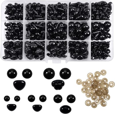 360 Stuks Veiligheidsogen en Neus met Wasjes 6 tot 12mm Zwarte Plastic Ogen voor Amigurumi, Knuffeldieren en Handwerk