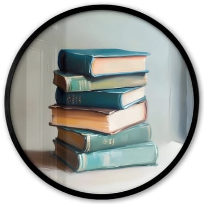 Poster in lijst Rond - Fotolijst 40x40 cm - Posters - Stapel - Boeken - Groen - Daglicht - Ronde posterlijst zwart - Decoratie - Wanddecoratie woonkamer - Muurdecoratie slaapkamer