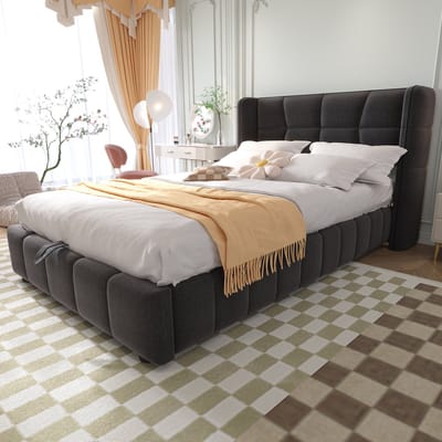 Wishdor Gestoffeerd Kinderbed - 90 x 200 cm - Opbergruimte met Hefmechanisme - Metalen Frame - Linnenstof - Grijs - Veilig en Ruimtebesparend