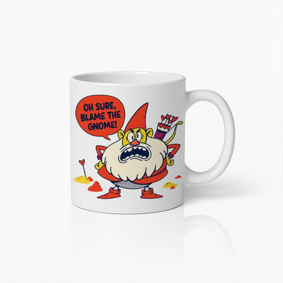 Oh Sure, Blame the Gnome Mok 330ml – Grappige Cartoon Koffiebeker, Hilarisch Cadeau voor Humorliefhebbers en Tuinkabouterfans