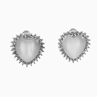 Clip-on Oorbellen Dames - Hart Design - Plating Zilverkleur - Oorclips met Licht Crème Cabochon - Zirkonia's - Geen Gaatjes