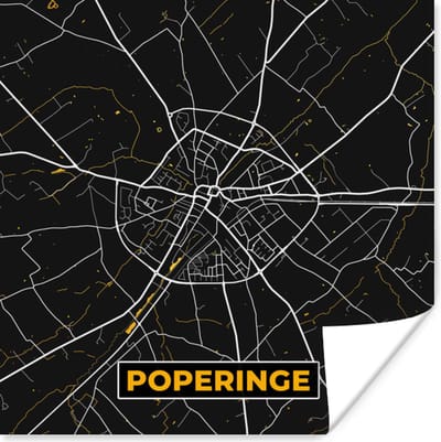 Poster Stadskaart - Poperinge - Black en gold - Plattegrond - Kaart - 100x100 cm XXL
