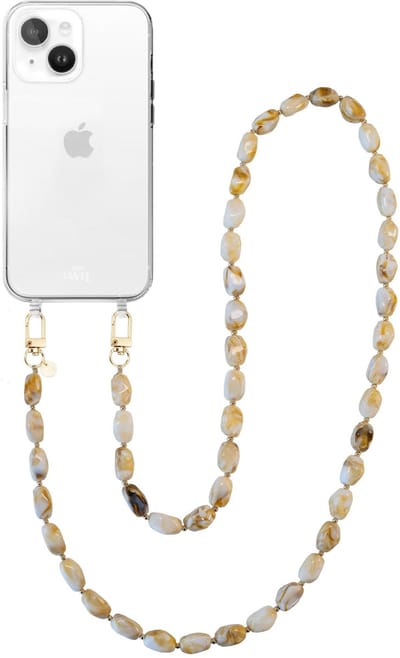 xoxo Wildhearts telefoonhoesje geschikt voor iPhone 13 - Moonlight (lang koord) - siliconen hoesje met koord - Backcover met telefoonkoord - Telefoonhanger stenen ketting - Beige / Wit