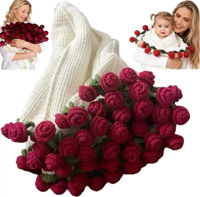 Rozenboeketdeken - 32 bloemen - 80 cm - Handgeweven bloemendeken - Gehaakte boeketdeken - Gebreide boeketdeken - Deken - Zachte stof - Romantische Rode rozen - Handgemaakt product - Afgewerkte deken - Geweldig Cadeau voor Vrouw - Valentijn, Cadeau