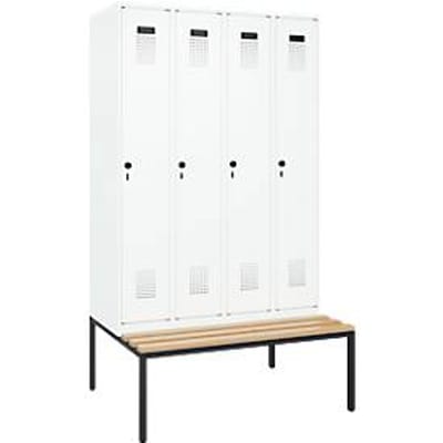 C+P Evolo Plus garderobekast, 4 vakken, 300 mm vakbreedte, met bank eronder, B 1200 x D 815 x H 2120 mm, draaigrendel, verkeerswit/verkeerswit
