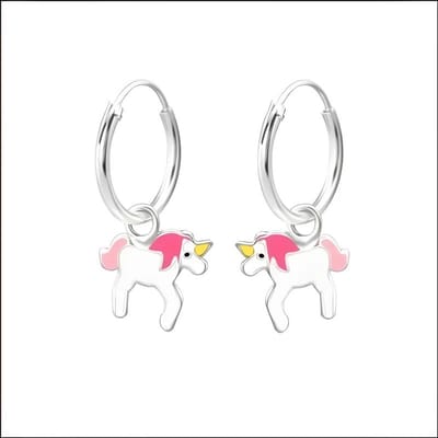 Aramat Jewels | Oorringen | Zilveren oorringetjes eenhoorn meisje | Wit/Roze-10x8mm | |12mm | Zilver | Kinderen, Volwassenen | Verkleurd niet