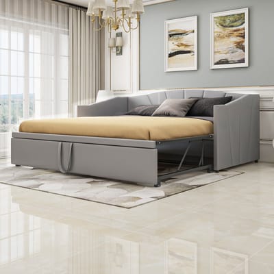 Uitschuifbaar gestoffeerd slaapsofa 2-in-1 - Van eenpersoons naar tweepersoons 90/180x200 cm - Grijs fluweel - Met armleuningen en rugleuning - Inclusief lattenbodems