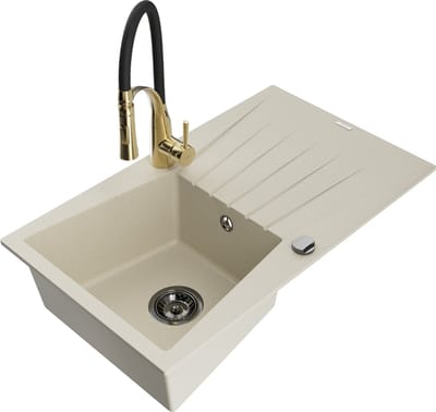 Mexen Cesar granieten gootsteen 1-komorige met afdruiprek en keukenmengkraan Aster, beige - 6514-69-73450-57-B