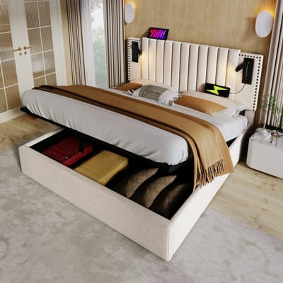 Sweiko Gestoffeerd bed 140x200cm, Dubbel bed Opbergbedbox, Leeslampje Hoofdbord met USB-oplaadfunctie, Klinknagel ontworpen rugleuning, bed met Flat noedles frame en bedbox, katoen, Beige(Zonder matras)