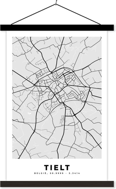 Posterhanger incl. Poster 40x60 cm - Schoolplaat - Zwart Wit – België – Plattegrond – Stadskaart – Kaart – Tielt - Textielposter - Zwarte latten - Stadskaart