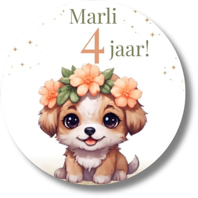 Traktatiestickers Hondje met Naam en Leeftijd – Gepersonaliseerde Verjaardagsstickers – Rond 4 cm – Set van 20 Stuks