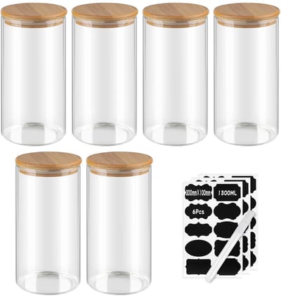 Store_7 - Glazen potten - Luchtdichte kruidenpot - Set van 6 - 1.300 ml - Transparant - Opbergpot voor keuken - Geschikt voor granen, notenpoeder