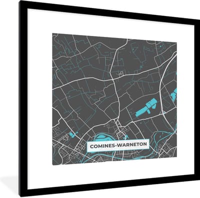 Fotolijst incl. Poster - Stadskaart – Grijs - Kaart – Comines Warneton – België – Plattegrond - 40x40 cm - Posterlijst