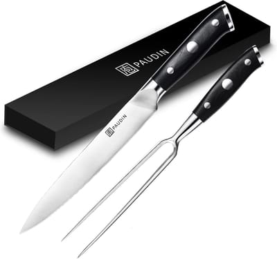 PAUDIN D9 Professioneel Vleesmes en Vleesvork Set 20 cm - Japanse Trancheerset - Vleesmes + Vleesvork - 2 delig - Zwart Ergonomisch Handvat