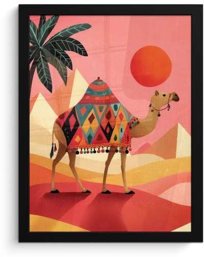 Poster in lijst - Fotolijst 30x40 cm - Posters - Kameel - Pyramides - Rode zon - Posterlijst zwart - Decoratie - Wanddecoratie woonkamer - Muurdecoratie slaapkamer