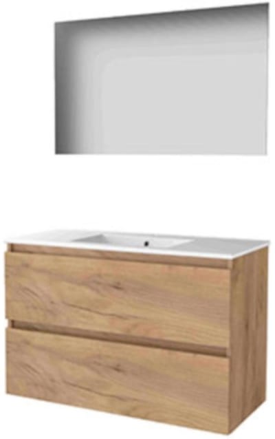 Basic-Line Ultimate 46 Badkamermeubelset - 100 x 46 cm - Greeploos - 2 Lades - Keramische Wastafel - 1 Kraangat - Spiegel met Indirecte LED Verlichting - Whisky Oak