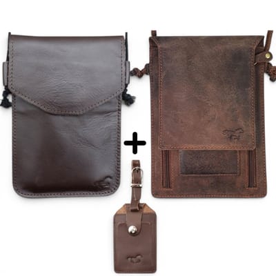 Safekeepers Luxe 3-Delige Reisset – 2x Leren Nektasjes en 1x Privacy Bagagelabel – Echt Leer – Bruin