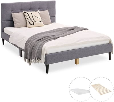 Homestyle4u Tweepersoonsbed - 140x200 cm - Gestoffeerd bed - met matras - Grijs
