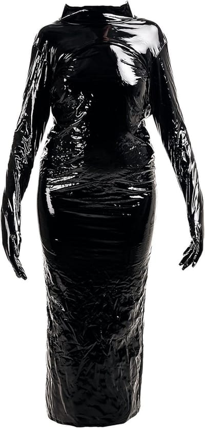 Sexy Lange Wetlook Jurk met Lange Mouwen en Handschoenen voor Dames - Strakke Glanzende Party Dress