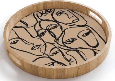Dienblad rond 40x40 cm - Schootdienblad hout - Gezichtenzee - Lijntekening - Abstract - Borrelplank rechthoek - Plateau houten dienbladen