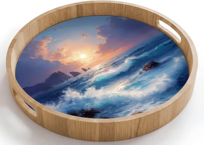 Dienblad rond 40x40 cm - Schootdienblad hout - Golven - Zee - Kleurrijk - Rotsen - Borrelplank rechthoek - Plateau houten dienbladen